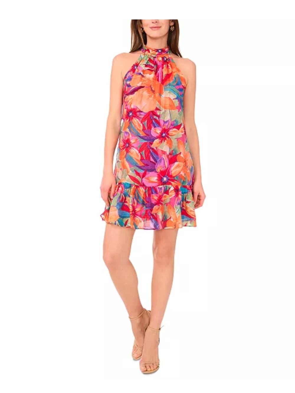MSK Women's Printed Ruffle-Hem Halter Dress Orange & Pink Floral. Size M- NWT - Picture 16 of 16
